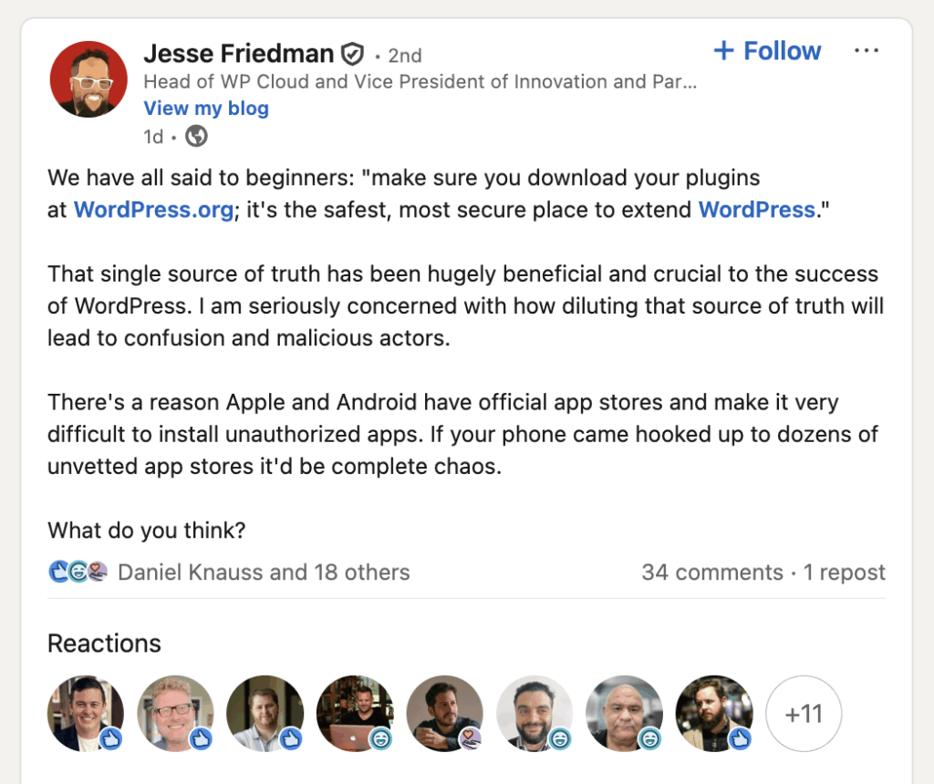 **Alt text:** LinkedIn post discussing the importance of downloading plugins from WordPress.org for security.